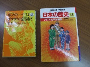 Copies of the historical manga I am reading this summer.  I spent the most time reading the manga on the right.  It's an overview of World War II. 